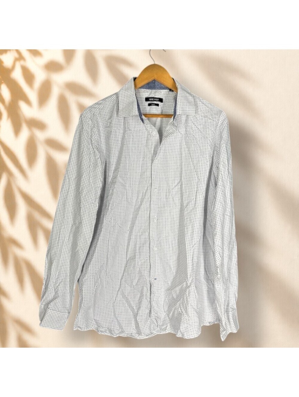 Nine West Shirt Men L Large White Geometric Button Up Collared Long Sleeve Slim